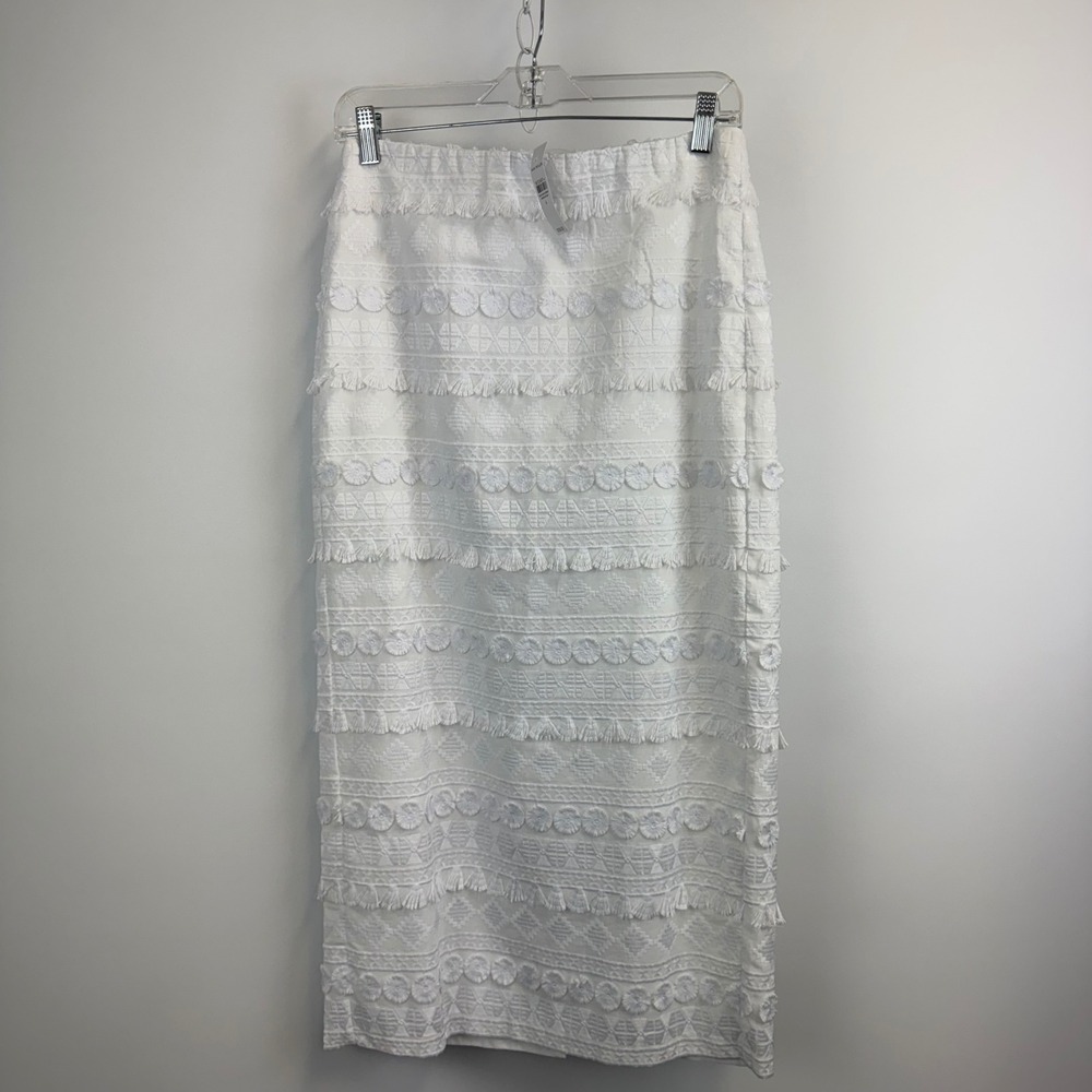 Ann Taylor White Embroidered Tassel Fringe Midi Skirt Women 4 Cotton Boho Pencil
